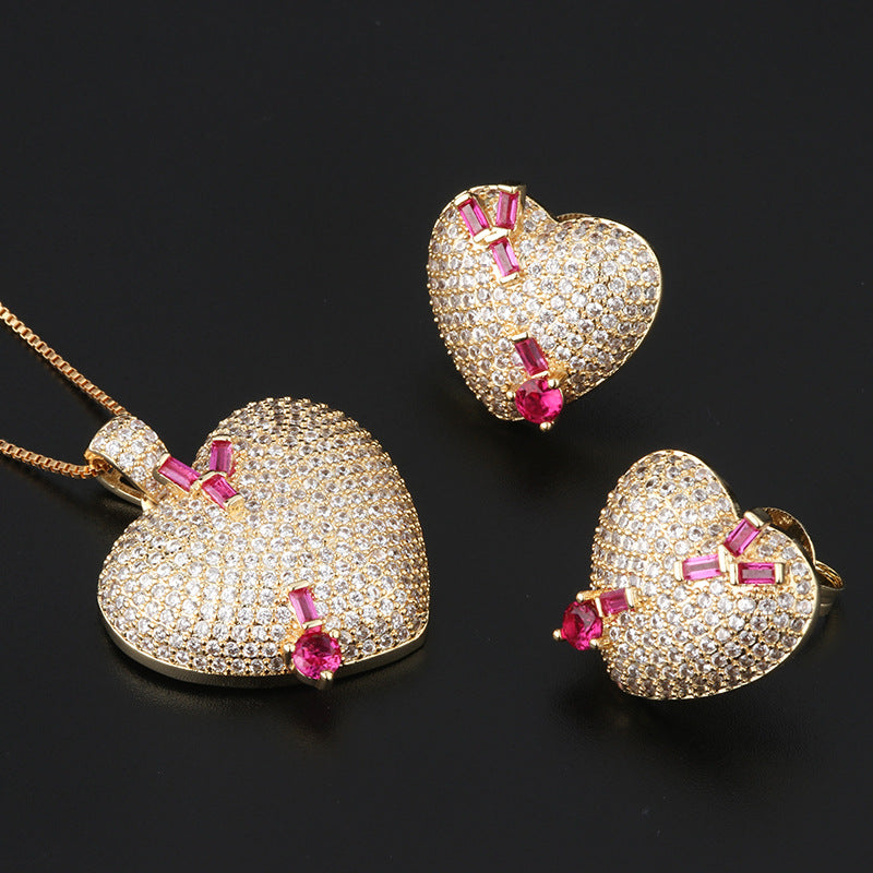 Heart-Shaped Zirconia Studs and Pendant Jewelry Set