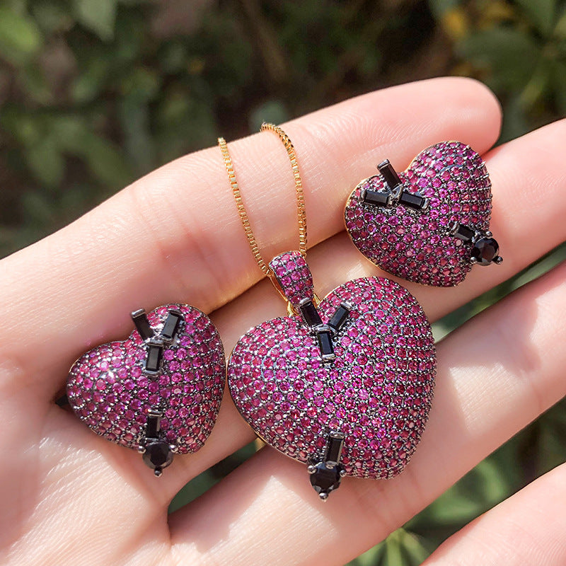 Heart-Shaped Zirconia Studs and Pendant Jewelry Set