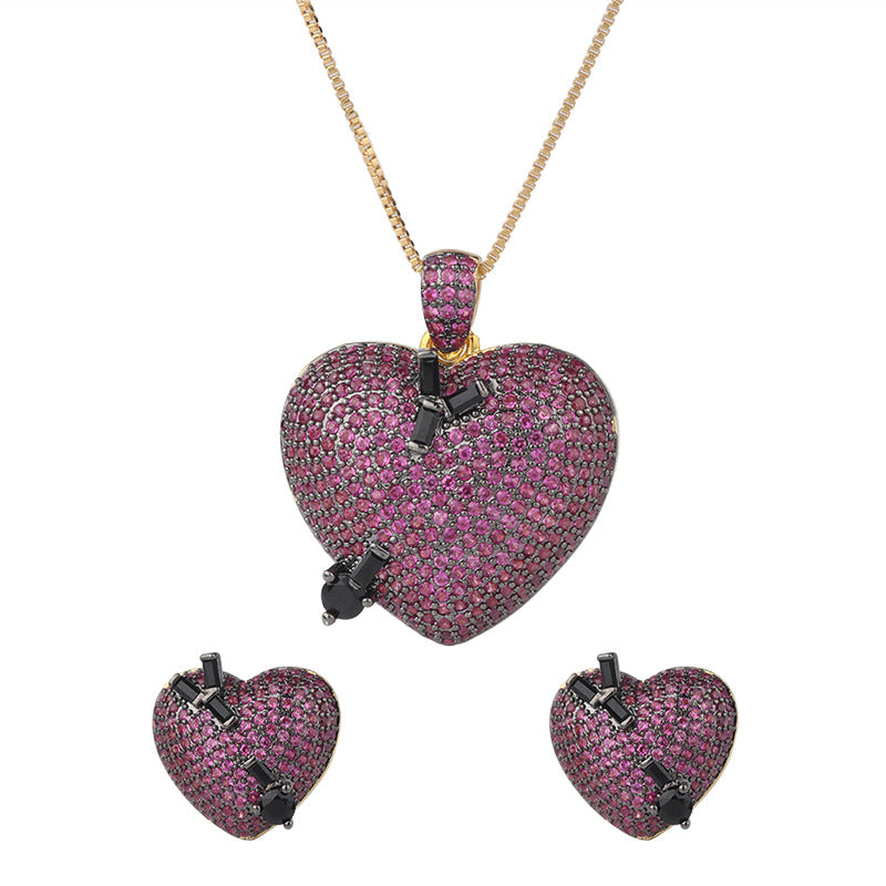 Heart-Shaped Zirconia Studs and Pendant Jewelry Set