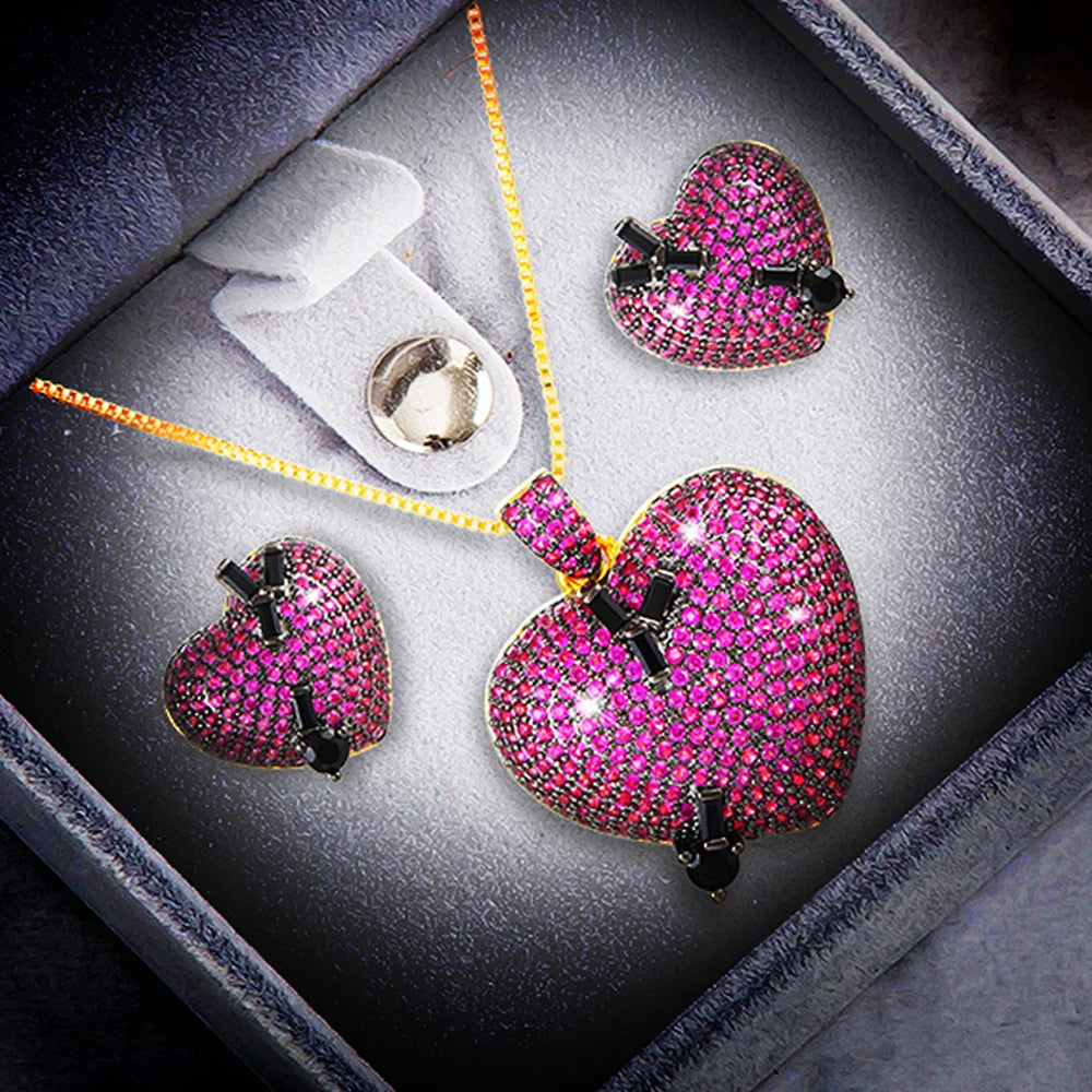 Heart-Shaped Zirconia Studs and Pendant Jewelry Set