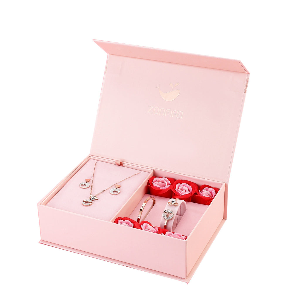Rose Flower Jewelry Set with Necklace, Bracelet, Earrings