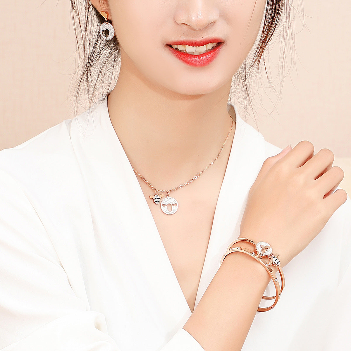 Rose Flower Jewelry Set with Necklace, Bracelet, Earrings