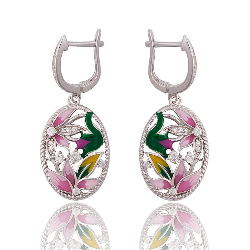 Creative Oval Flower Enamel Jewelry Set: Earrings, Ring, Necklace