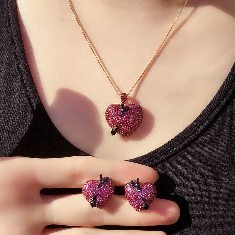 Heart-Shaped Zirconia Studs and Pendant Jewelry Set