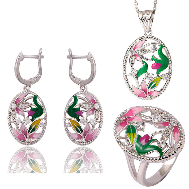 Creative Oval Flower Enamel Jewelry Set: Earrings, Ring, Necklace