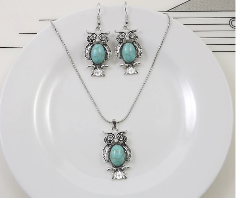 Bohemian Turquoise Owl Jewelry Set with Necklace & Bracelet